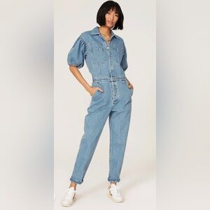 Scotch & Soda Balloon Sleeve Denim Jumpsuit Straight Leg Washed Indigo size XL